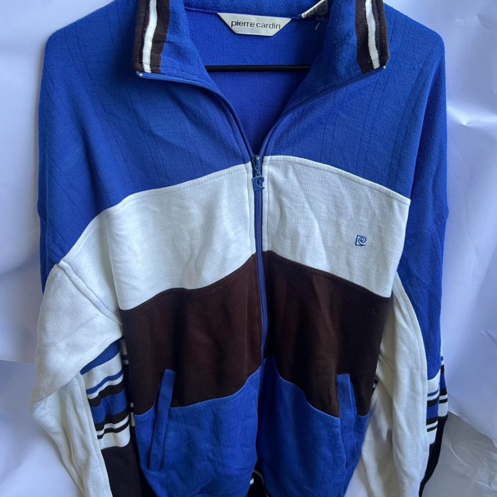 Pierre Cardin Men's Blue, White, and Brown Zip-Up Sweater